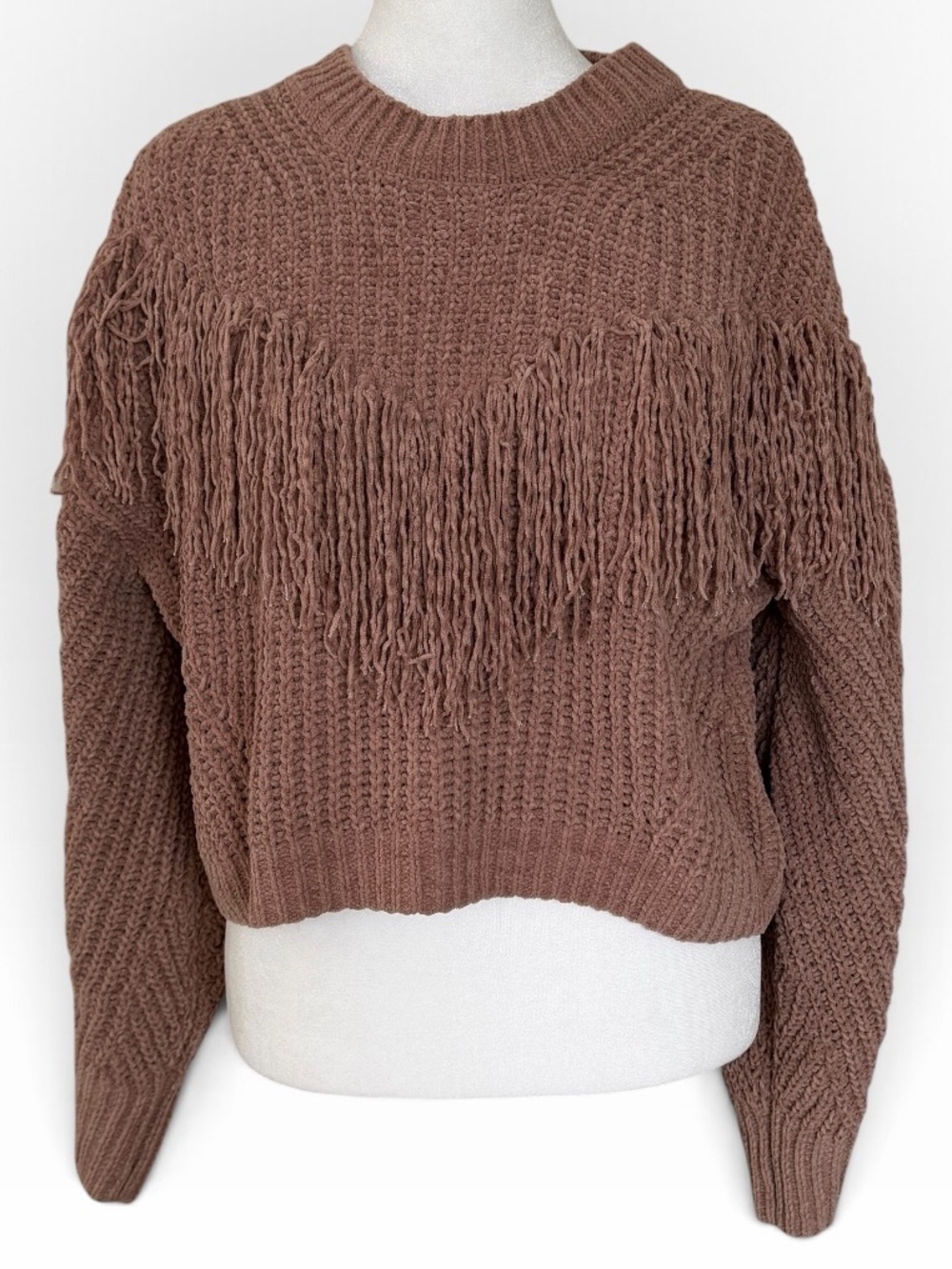 Pink Rose Cropped Fringe Sweater color Taupe Size M
